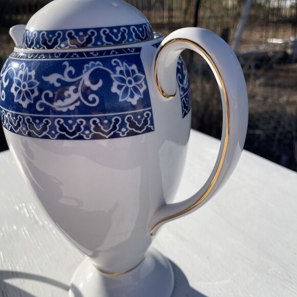 Wedgwood Blue Bokhara Coffee Pot with Gold Trim Sugar Bowl Creamer Set service - Picture 14 of 16